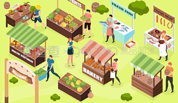 集市等距构图,户外景观,市场摊档销售食品和商品,人物人物矢量插图